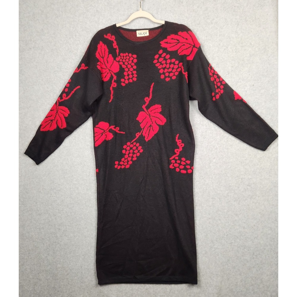 Vintage Nilani Sweater Dress Womens Large Black Red Grape Leaf Knit Pullover 80s